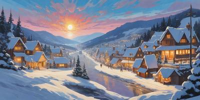 The primary subject of the image is a snow-covered village with a beautiful mountain range in the background. The setting is a winter landscape, and the visual style is an illustration or painting. The colors and mood of the image are predominantly white and cold, with the snow-covered village and mountain range creating a serene and peaceful atmosphere.